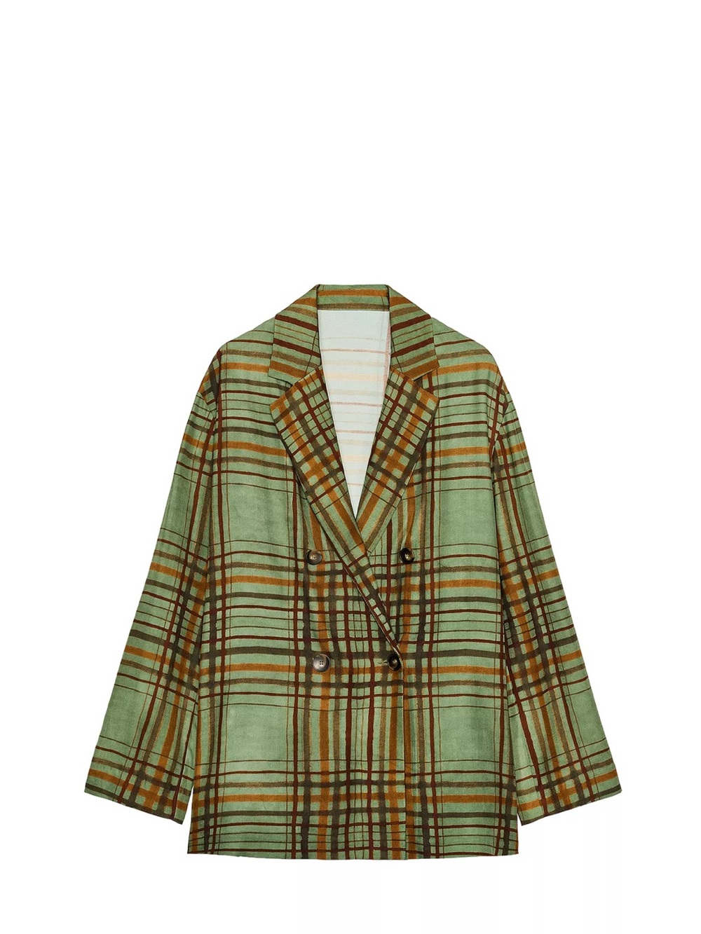 Zara Green and Brown Plaid Double-Breasted Blazer